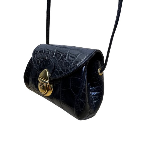 Lexiapel Womens Black Croc-Embossed Leather Gold Turn-Lock Closure Crossbody Bag - Picture 3 of 10